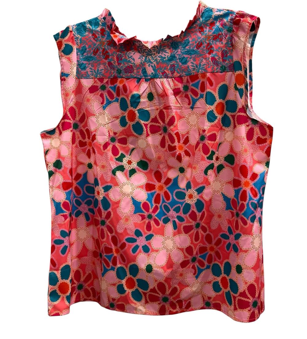 Boutique pink floral cap sleeve mandala ruffle neck close NWT Plus sz XXL 2X